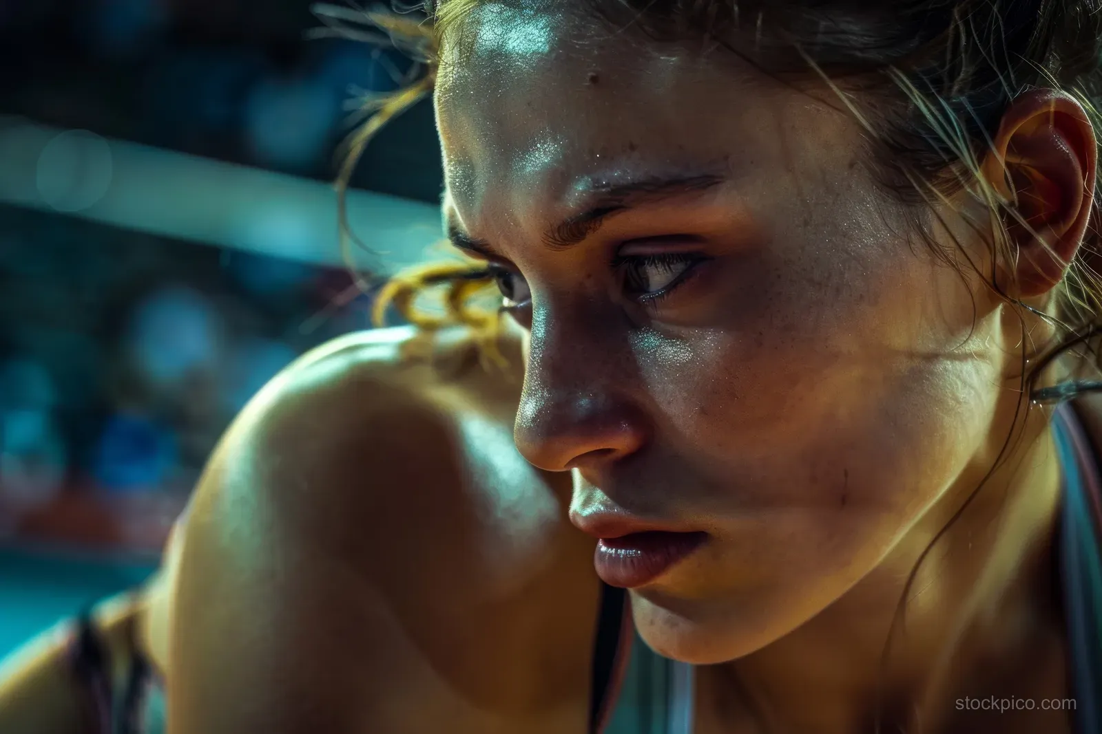 Close-up of a Russian female wrestler concentrating with sweat and intensity before a 76 kg freestyle bout.