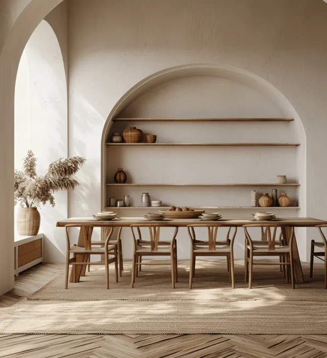 Minimalist dining room with wooden table, beige carpet, and arched wall shelf niche with small decor items.