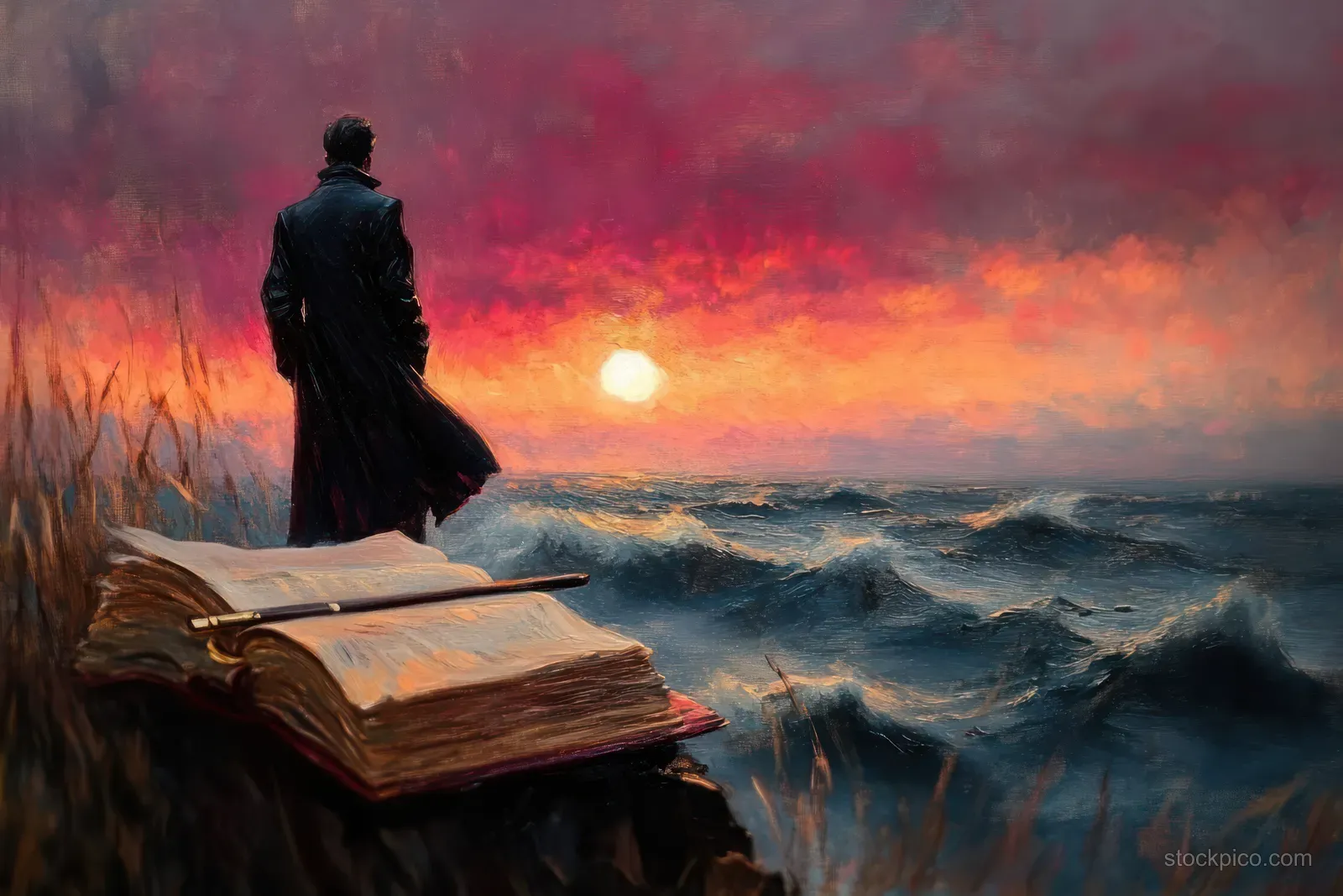A solitary man in a long coat stands on a cliff next to an open book while stormy waves roll below at sunset.