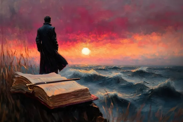 Solitary man in long coat stands by open book on cliff, watching stormy ocean at sunset