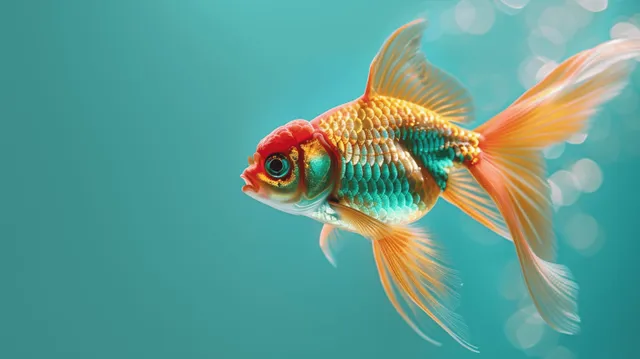 Goldfish swimming in turquoise studio water with sparkling bokeh highlights