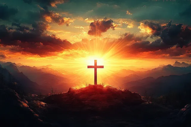 A glowing cross silhouette on a rocky hill at sunset with sunbeams piercing dramatic clouds over mountains.