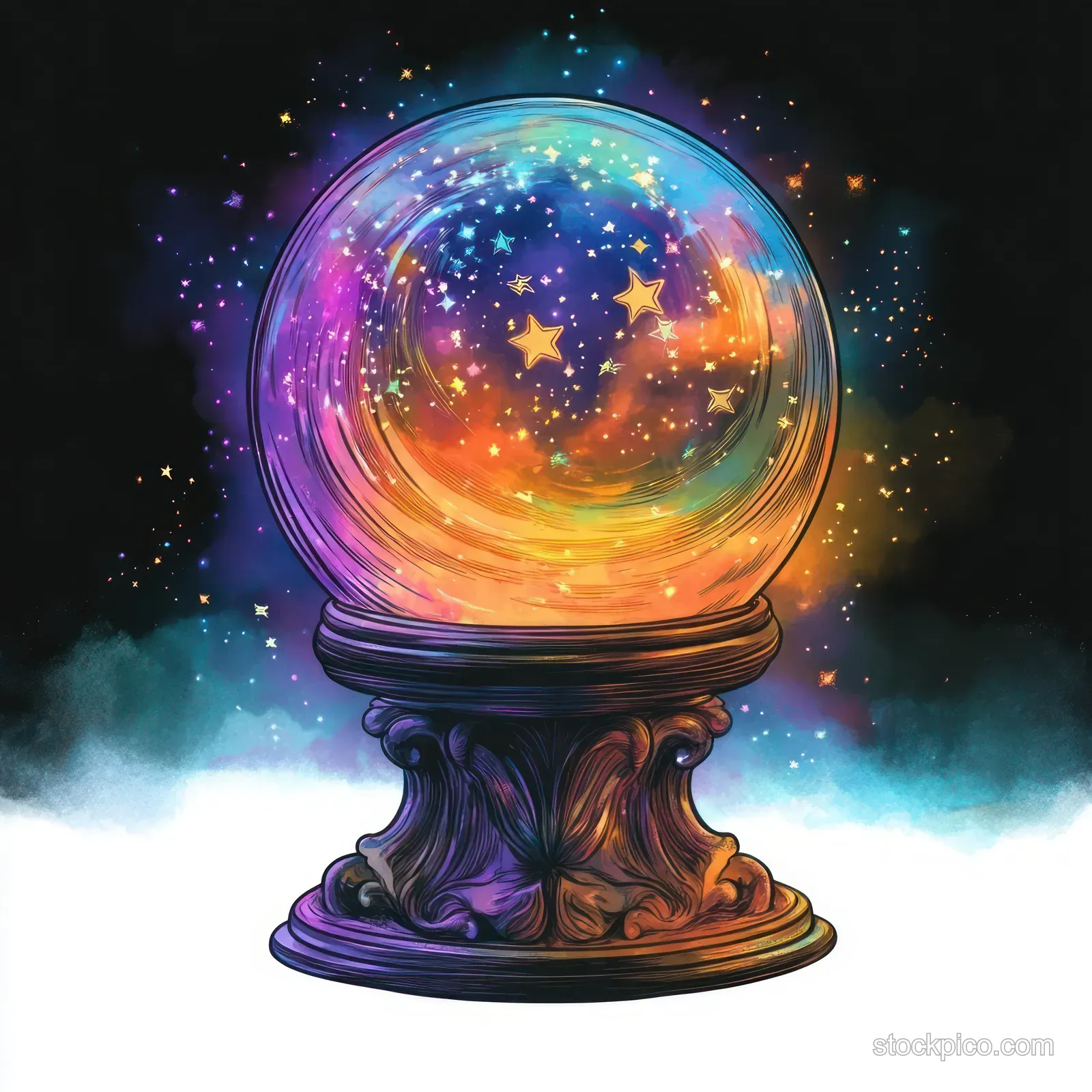 A glowing crystal ball with swirling nebula stars sits on an ornate carved stand amid misty cosmic light.