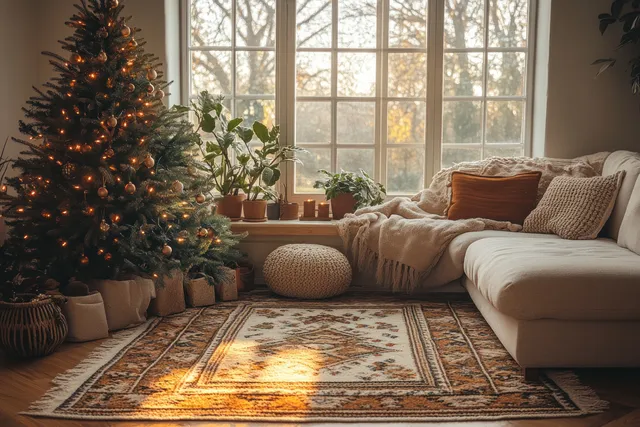 Scandinavian living room with a decorated Christmas tree, patterned rug, and sunlit windows over a cozy sofa.