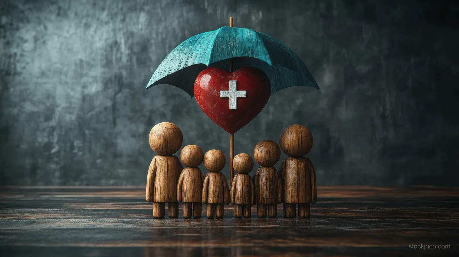 A blue umbrella shelters wooden family figures beneath a red heart medical cross icon on a dark textured backdrop.