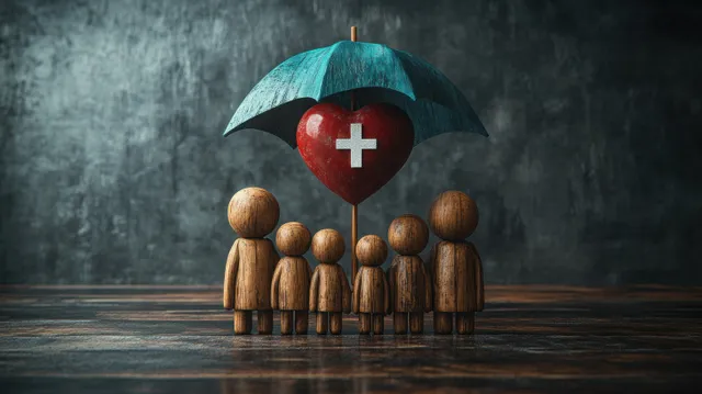 A blue umbrella shelters wooden family figures beneath a red heart medical cross icon on a dark textured backdrop.