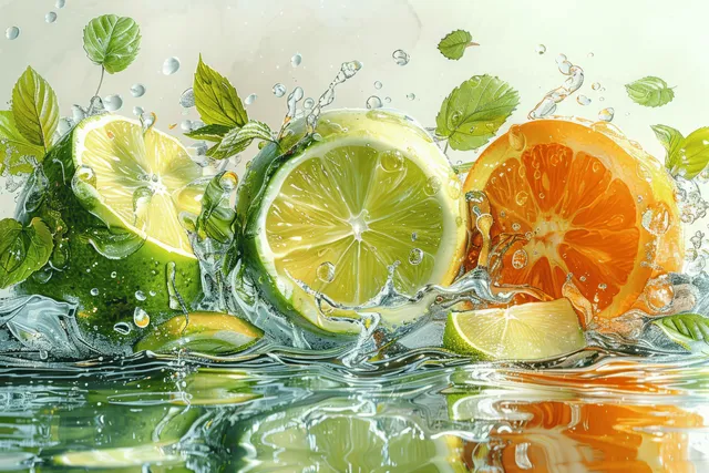 Kiwi and orange fruit halves with water splash and green leaf garnish on pastel backdrop