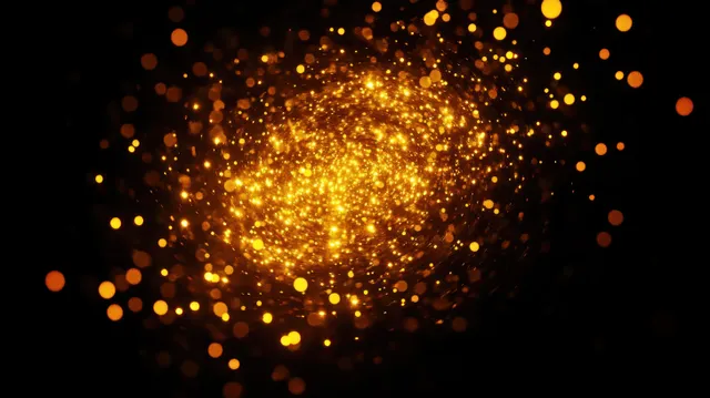 Golden glowing particles swirl into a bright circular burst on a dark background with scattered sparkles.