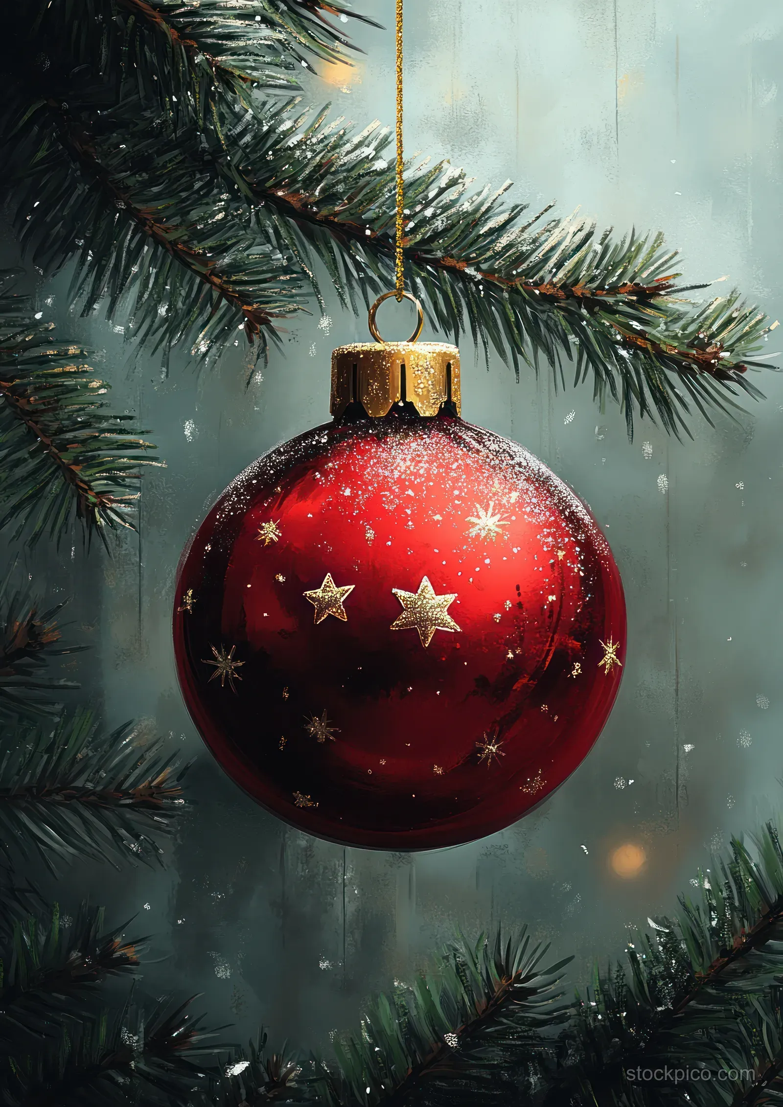 Red Christmas ornament bauble with gold cap and star accents hanging on pine branches under soft winter light.