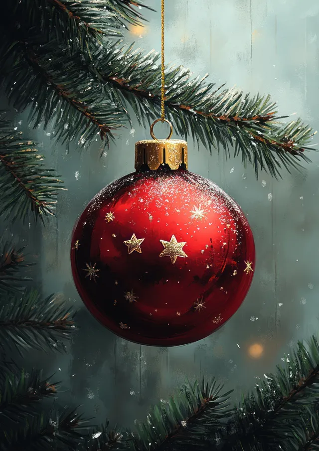 Red Christmas bauble with gold cap and snowflake stars hanging among pine branches