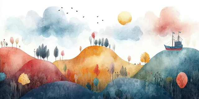 A pirate ship hot air balloon floats above watercolor hills, misty forests, and pastel clouds.