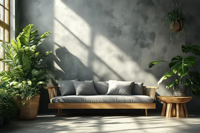Gray sofa beside a wooden side table in a sunlit room with indoor plants.