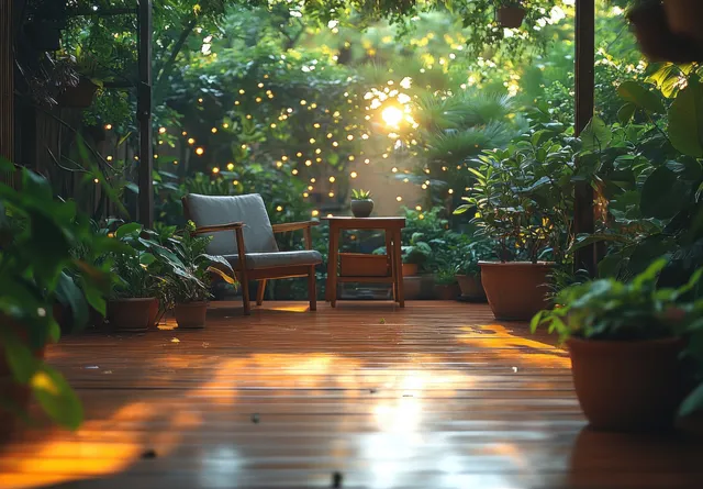 Sunlight falls across a wooden terrace with a chair, side table, and potted tropical plants in a lush garden.
