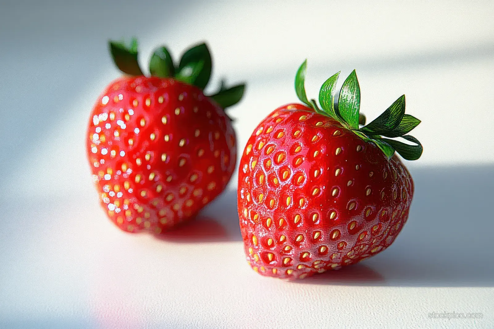 Two ripe strawberries with green leaves lie on a white surface under soft natural light.