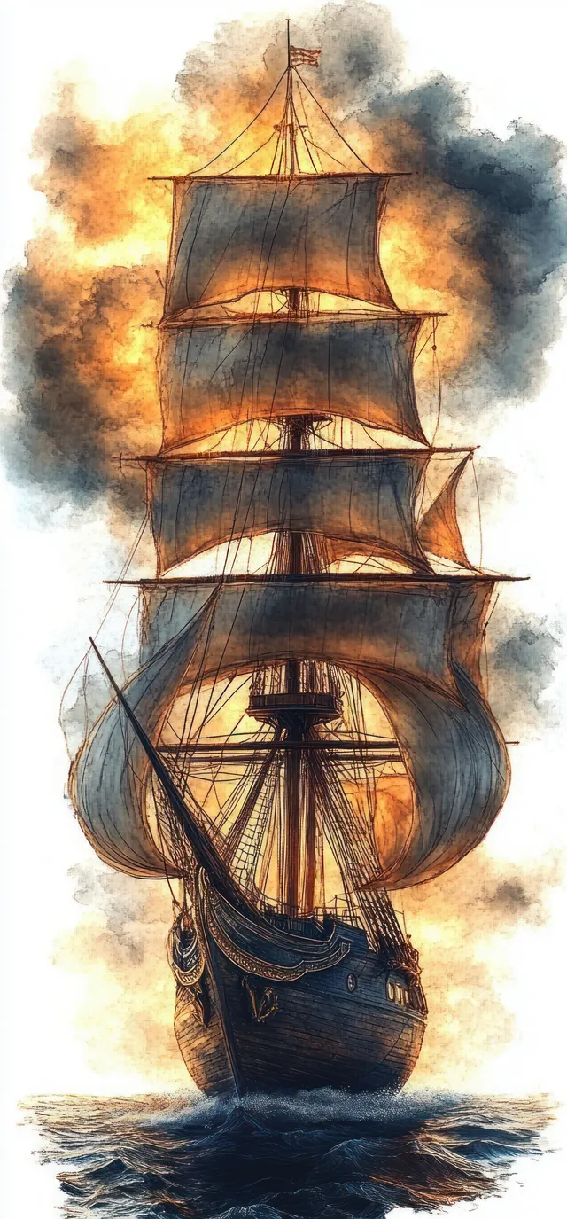 A tall sailing ship with square sails travels forward on rough ocean water under orange and dark stormy clouds.
