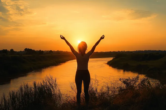Silhouette person with arms raised standing by a calm river under a golden sunset sky.