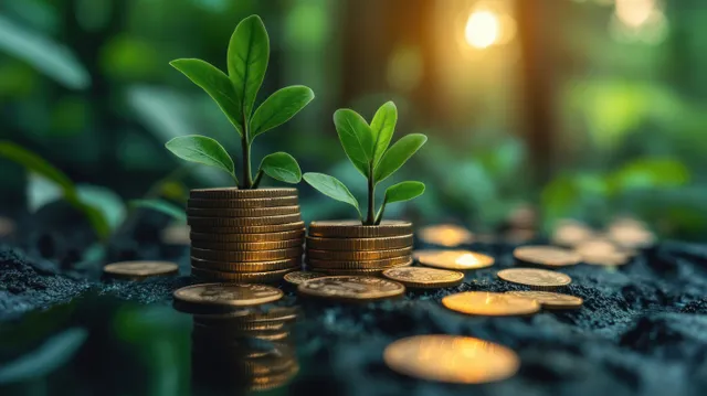 Green sprouts emerge from stacked gold coins on a forest-like ground with blurred warm lights behind.