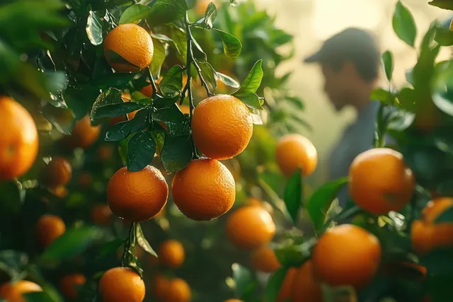 Ripe oranges hang on green branches while a blurred person works in the sunlit orchard background.
