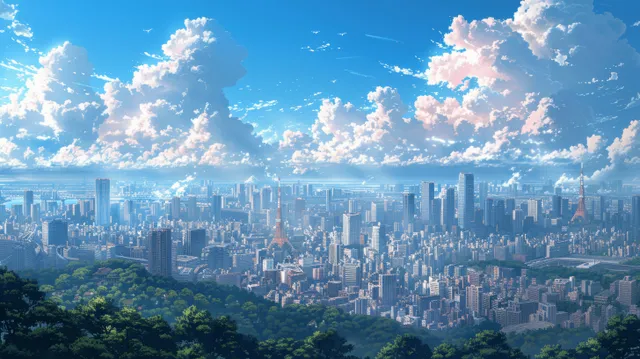 Anime Tokyo skyline panorama with glowing skyscrapers above a lush green treetop foreground under blue cloud-filled sky.
