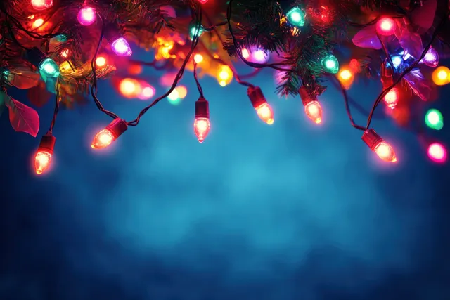 Multicolored Christmas string lights with soft bokeh glow hanging over a deep blue background.