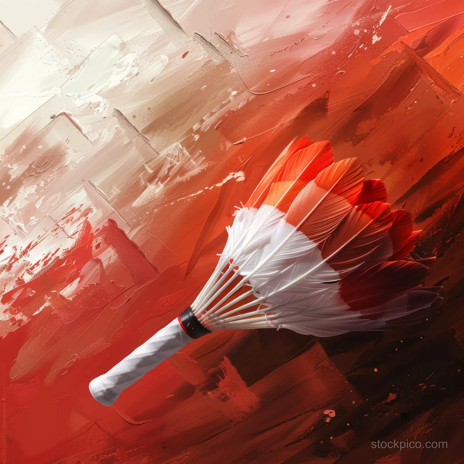A badminton shuttlecock mid-flight against a red background with energetic motion blur.