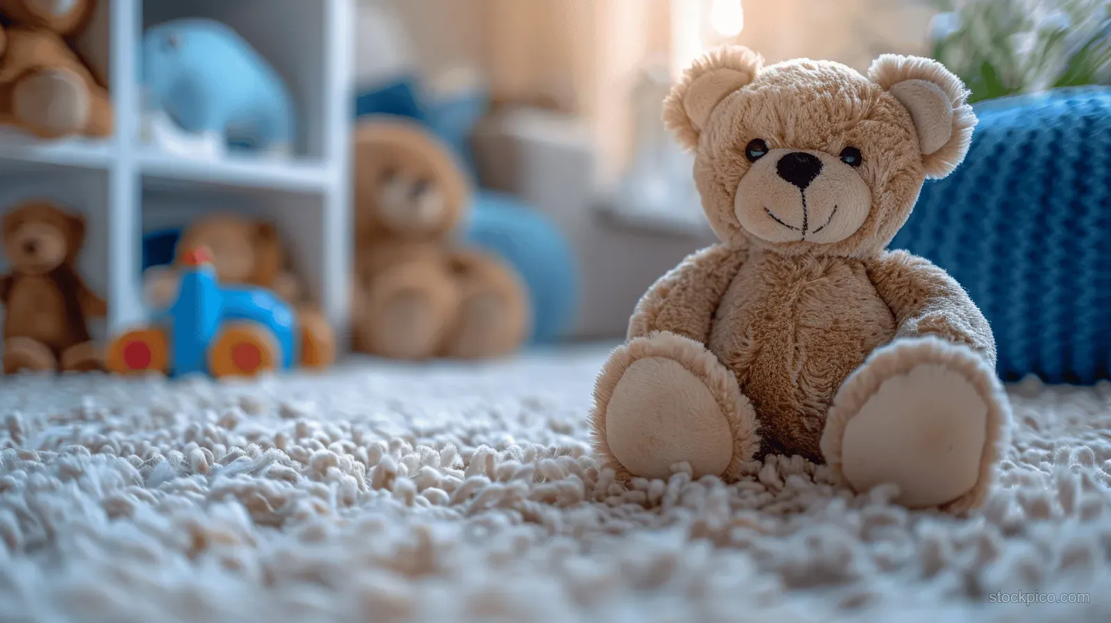 A teddy bear sits on a white carpet in a children’s playroom with toys and shelves behind it.