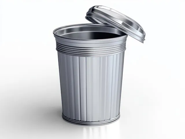 A reflective metal trash can with an open leaning lid under studio lighting on a white background.