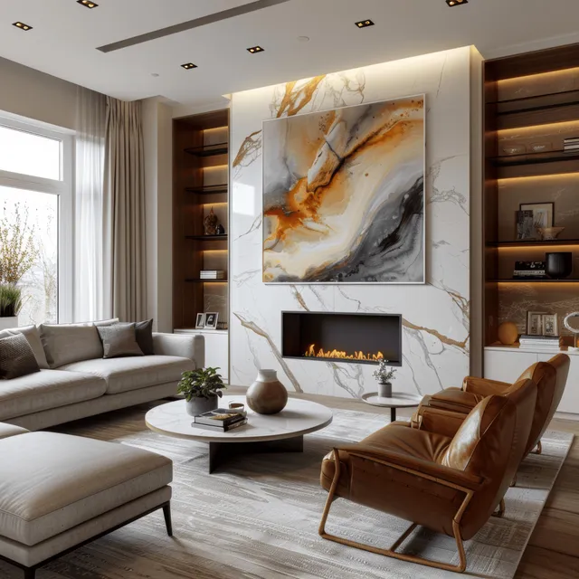 Bright modern living room with marble fireplace and leather armchairs around a stone coffee table