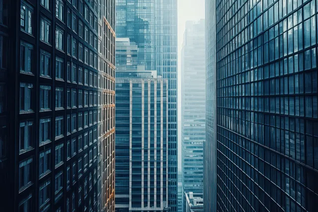 Perspective view down a narrow gap between foggy skyscrapers with glass facades and steel frames.