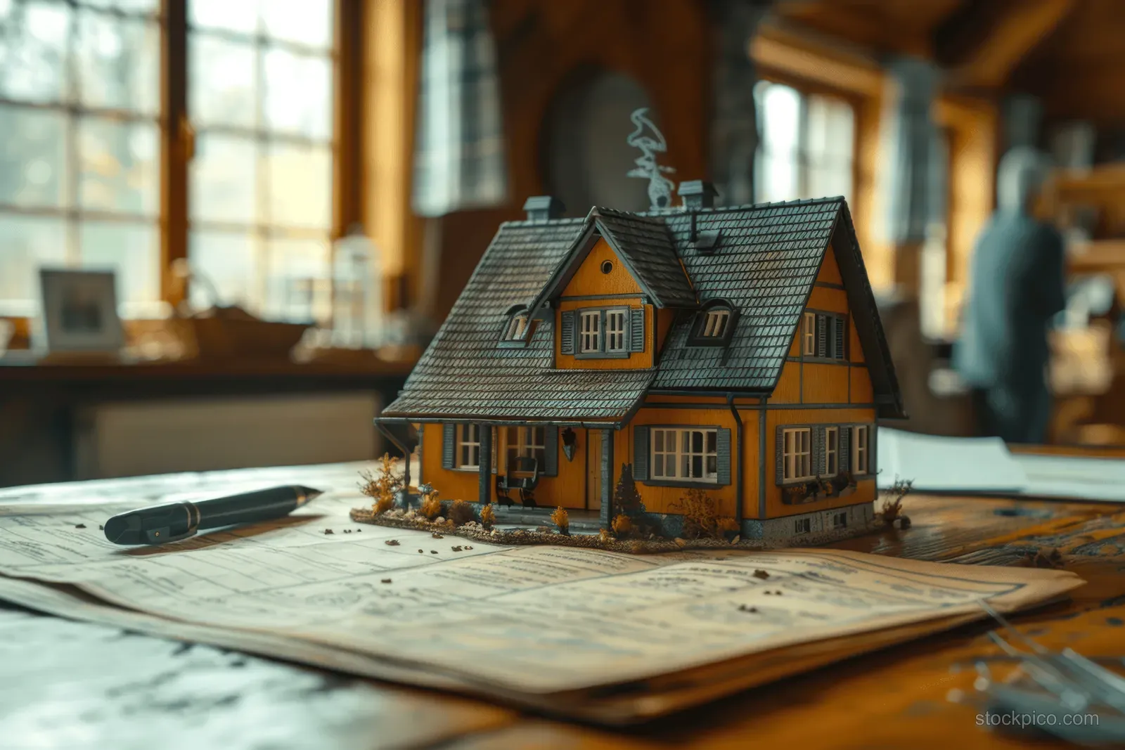 A miniature house model rests on mortgage contract papers as business people converse in the background.