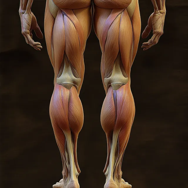 Rear anatomical illustration highlighting female hip and hamstring muscles with visible tendons under low-key lighting.