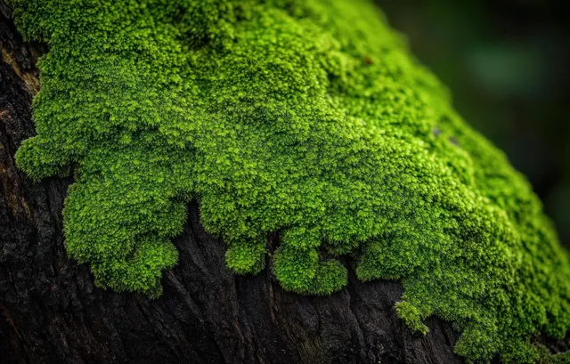 Dense green moss covering rough tree bark in a shaded forest