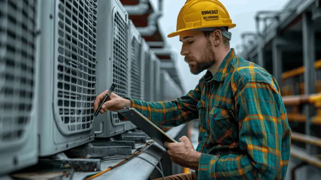 Industrial HVAC technician takes notes while inspecting a rooftop air conditioning unit near factory equipment.