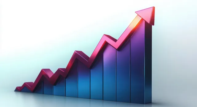3D bar graph with ascending red arrow rising from blue columns on reflective gradient