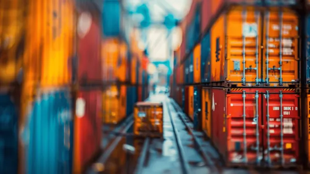 Stacked colorful cargo containers line a port terminal lane, receding toward the distant loading area.