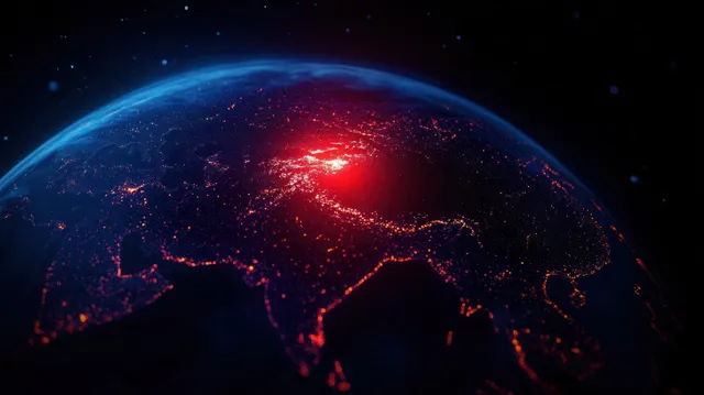 Earth at night from space, glowing city clusters with a bright red illuminated focal region