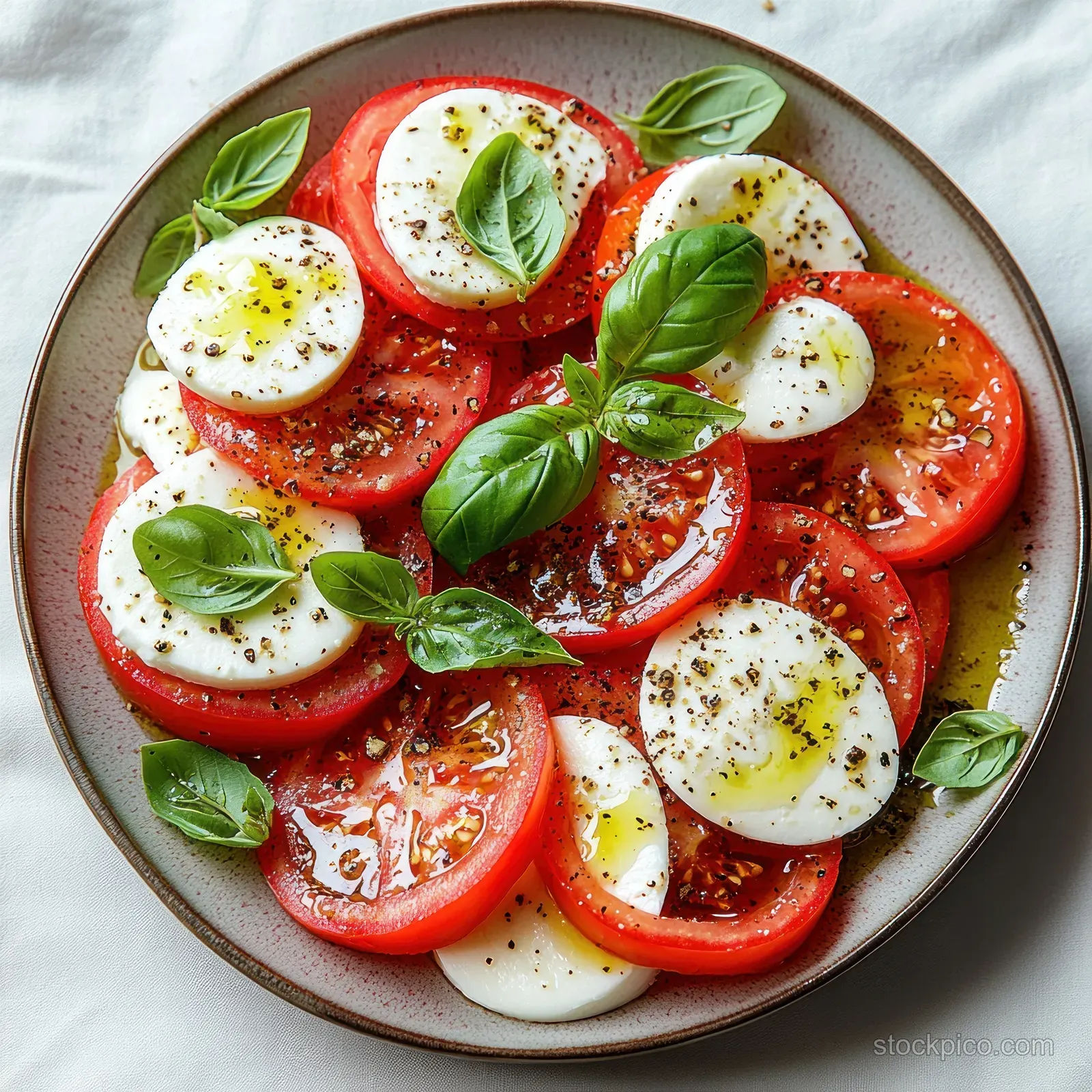Plate of sliced tomatoes and mozzarella garnished with basil leaves, olive oil, and cracked black pepper.