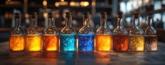 Vintage glass flasks filled with glowing amber, blue, and green liquids line a wooden bench under warm golden light.
