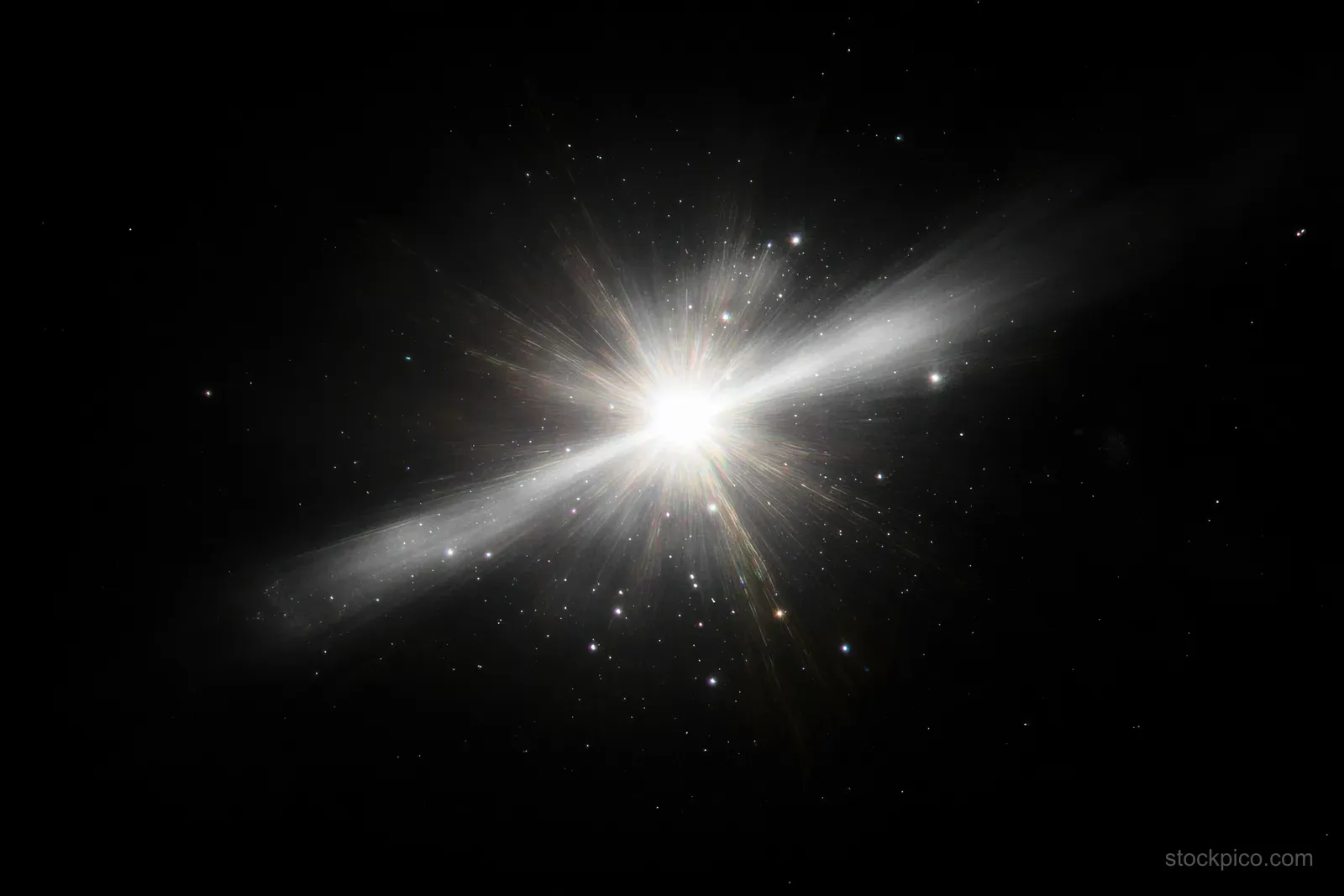 A bright star explosion emits radiating light beams among small distant stars in dark outer space.
