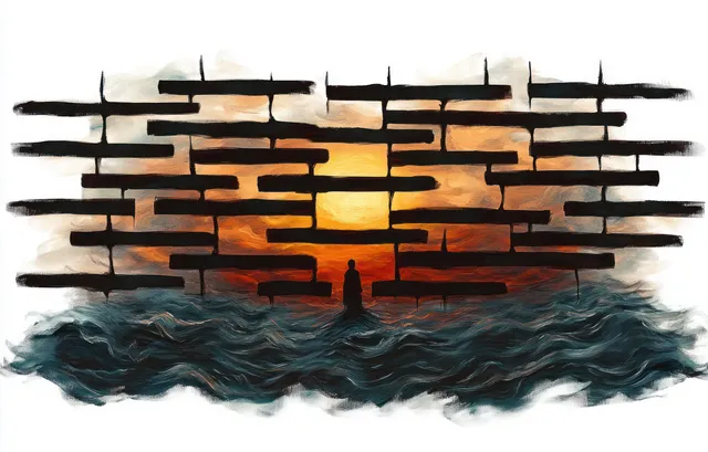 A lone silhouette stands in turbulent water before a broken brick wall, with orange sunset light shining through.