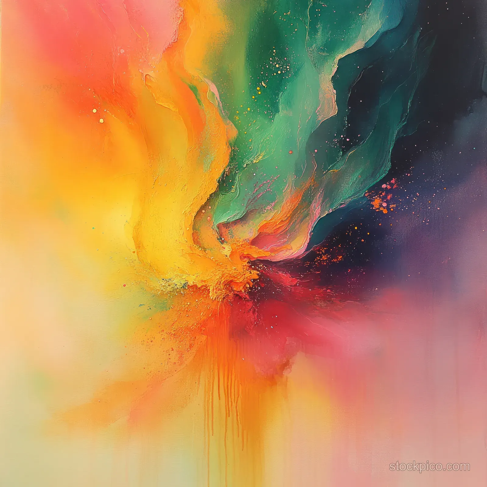 Abstract watercolor painting with yellow-green and pink splashes blending under a soft dreamy glow.