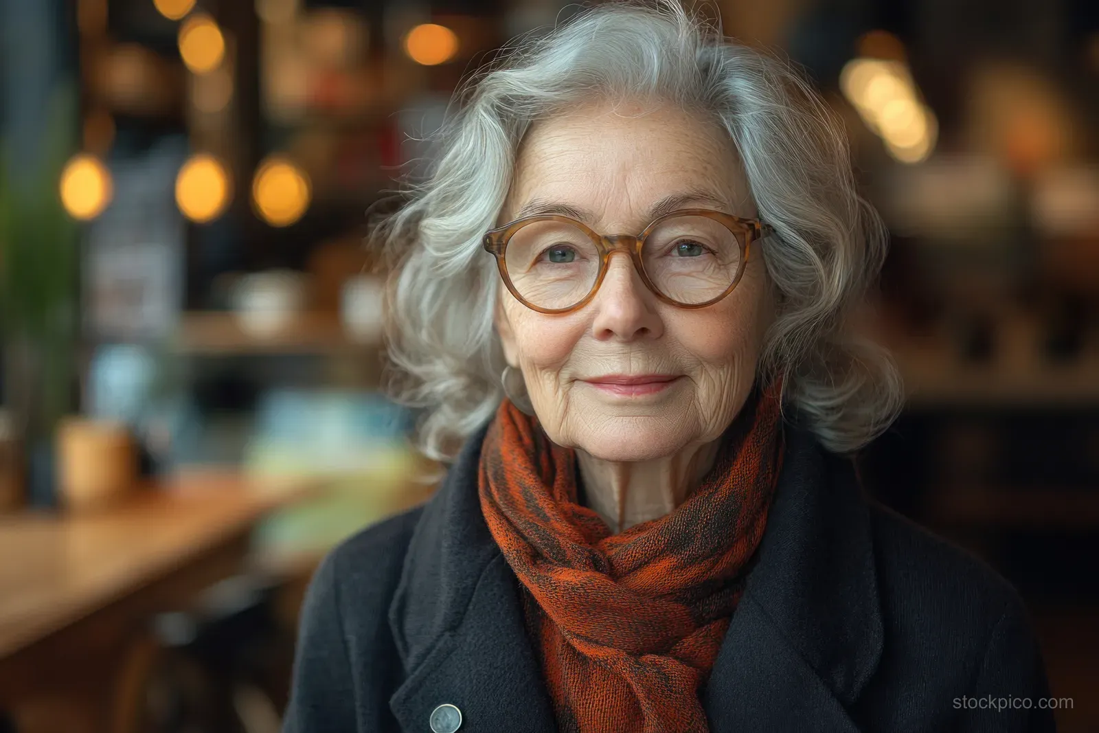 An elderly woman with glasses poses in a softly lit cafe.