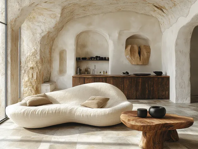 Curved cream sofa and rustic wooden table in a minimalist room with warm light and arched wall niches.