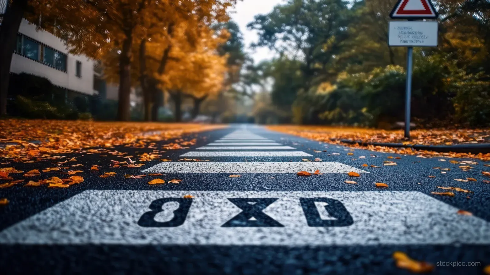 A pedestrian crosswalk on an autumn street with orange leaves scattered across the asphalt road.