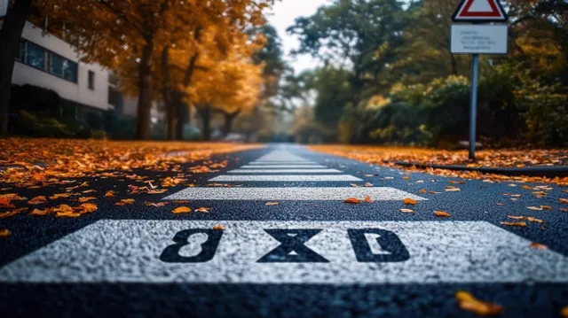 A pedestrian crosswalk on an autumn street with orange leaves scattered across the asphalt road.