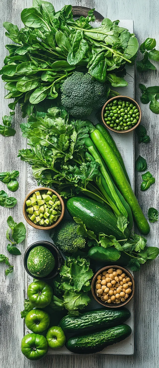 Top view of green vegetables and legumes on a wooden board with cut seed pods and leafy greens.
