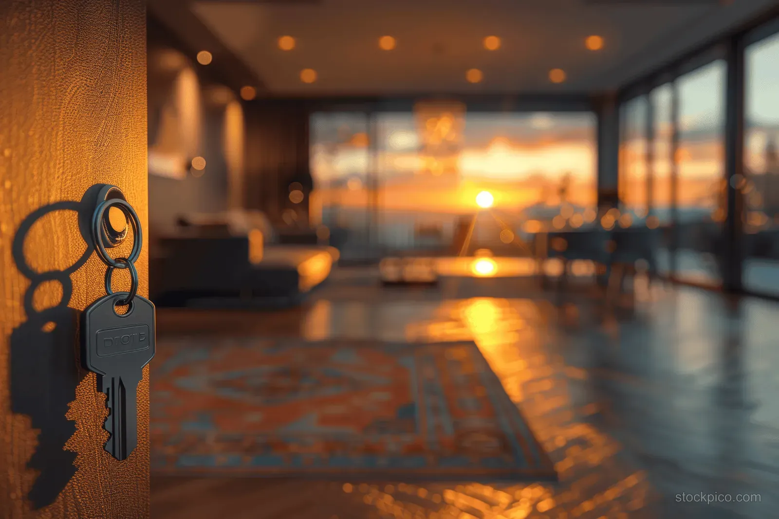 Gold keys dangle from an apartment door while a bright living room with large windows sits in soft focus behind.