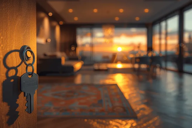 Gold key hanging by apartment door with sunlit living room and large windows behind