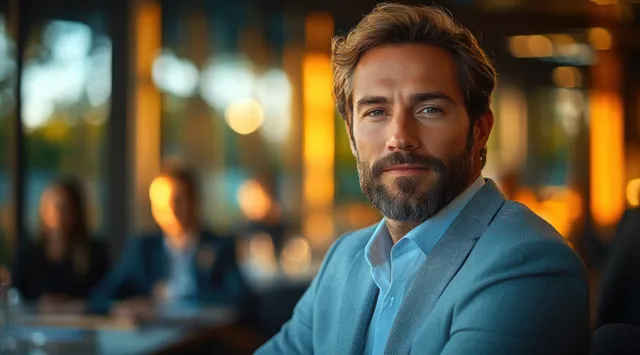 Confident speaker addressing business audience in office meeting with warm cinematic lighting
