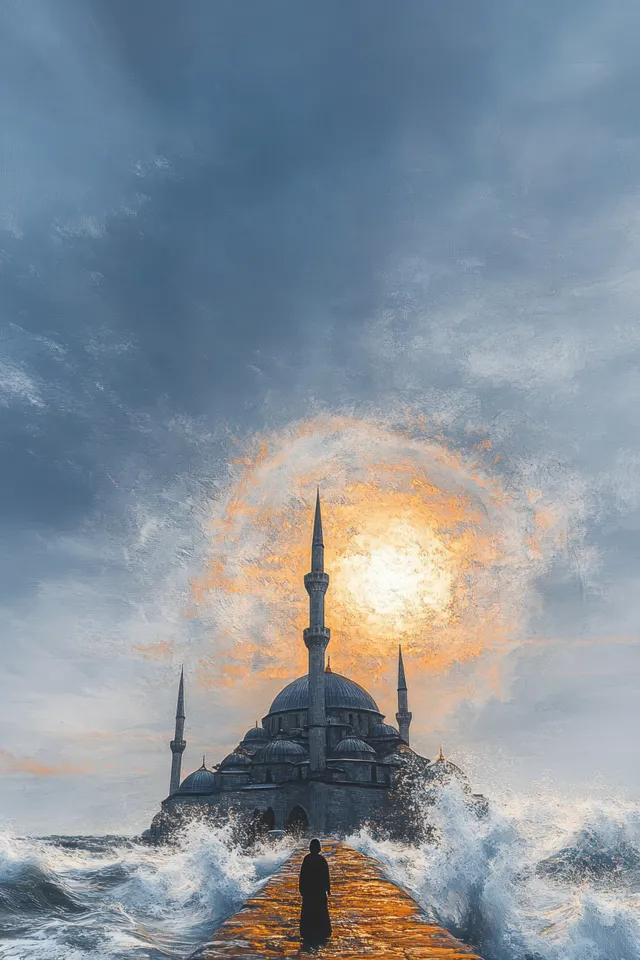 Silhouette walking on a narrow path toward mosque minarets surrounded by crashing ocean waves beneath a glowing sun halo.